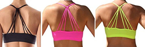 Seamless Strappy Back Halter Bralette - Black and Seamless Strappy Back Halter Bralette - Neon Pink and Seamless Strappy Back Halter Bralette - Neon Yellow , One Size (Pack of 3)