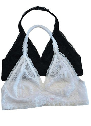 Lace Halter Bralette - Black and Lace Halter Bralette -  White, Small/Medium (Pack of 2)