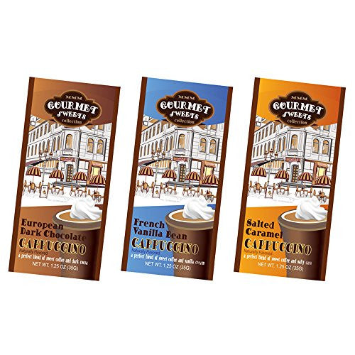 Year Round Packets McSteven's Gourmet Sweets Natural European Dark Chocolate Cappuccino Packets, 1.25 Oz and Year Round Packets McSteven's Gourmet Sweets Natural French Vanilla Bean Chocolate Cappuccino Packets, 1.25 Oz and Year Round Packets McSteven's G