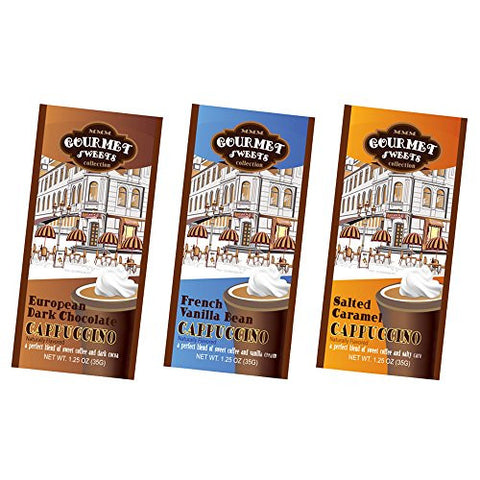 Year Round Packets McSteven's Gourmet Sweets Natural European Dark Chocolate Cappuccino Packets, 1.25 Oz and Year Round Packets McSteven's Gourmet Sweets Natural French Vanilla Bean Chocolate Cappuccino Packets, 1.25 Oz and Year Round Packets McSteven's G