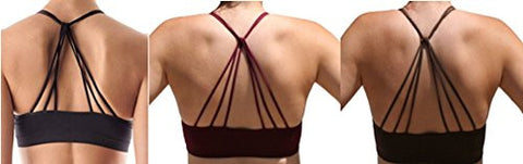 Seamless Strappy Back Halter Bralette - Black and Seamless Strappy Back Halter Bralette - Burgundy and Seamless Strappy Back Halter Bralette - Dark Brown, One Size (Pack of 3)