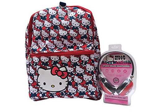Hello Kitty "Red/White and Blue Heads" 16" Backpack with Headphones (Poly)