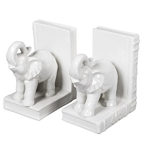 White Glazed Ceramic Elephants Bookend Set