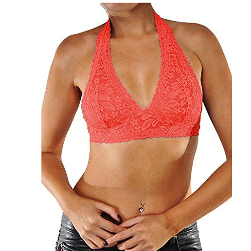 Lace Halter Mesh Lined Bralette - Neon Orange, Small/Medium