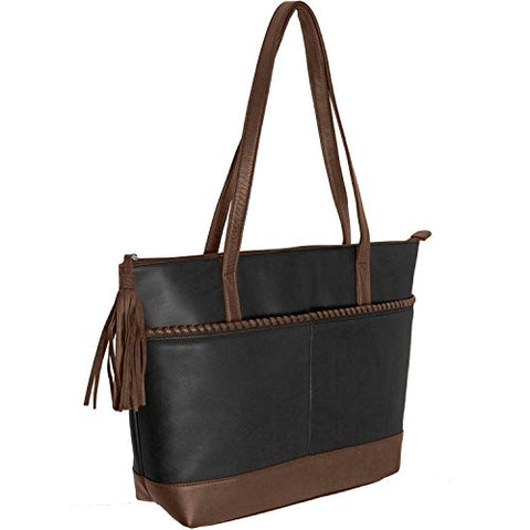 Top Zip Whipstitch Tote, Black/Toffee