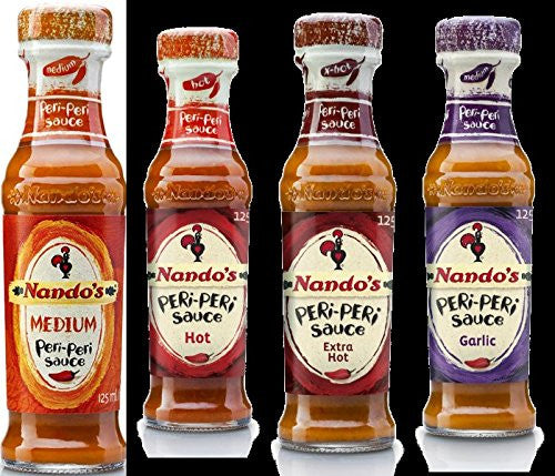 Nando's Extra Hot Peri-Peri Hot Sauce 4.7 oz and Nando’s Garlic Peri Peri Hot Sauce 4.7 oz and Nando’s Hot Peri Peri Hot Sauce 4.7 oz and Nando’s Medium Peri Peri Hot Sauce 4.7 oz