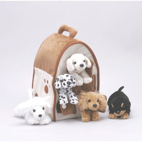Plush Dog House -Five (5) Stuffed Animal Dogs (Dalmation, Yellow Lab, Rottweiler, Poodle, Cocker Spaniel) in Play Dog House Carrying House Model: 7166DO, Toys & Games for Kids & Child