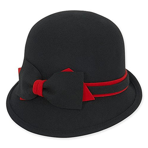 Adora Calina Wool Felt Cloche Hat with Felt Bow Trim, 2" Brim - Black
