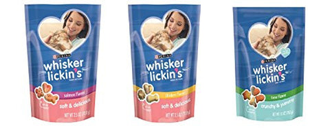 1-Whisker Lickin’s Soft Salmon 2.5 oz and 1-Whisker Lickin’s Soft Chicken 2.5 oz and 1-Whisker Lickin’s Crunchy Liver/Tuna 1.7 oz