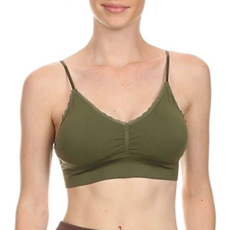 Seamless Lace Trim V-Neck Bra Top - Olive, One Size