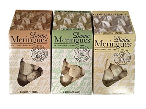 Divine Meringues Vanilla Bean Cookies, 2oz and Divine Meringues Key Lime Coconut Cookies 2oz and Divine Meringues Chocolate Cocoa Crunch Cookies, 2oz