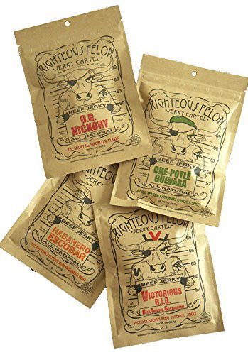 Righteous Medly RF Variety Pack 1 O.G. Hickory, Smoky and Savory 2oz, 1 ChePotle Guevara Mild-Chipotle Spice 2oz, 1 Victorious B.I.G. Sweet and Peppery 2oz and 1 Habanero Escobar, Spicy Habanero Blend 2oz