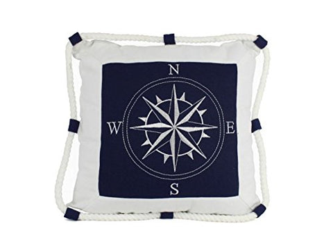 Blue Compass With Nautical Rope Decorative Throw Pillow 16"