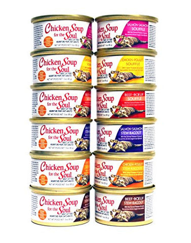 Chicken Soup 12 Cans Variety, 6 Flavors - (2) Beef Souffle, (2) Salmon Souffle, (2) Chicken Souffle, (2) Beef Stew, (2) Salmon Stew, (2) Chicken Stew