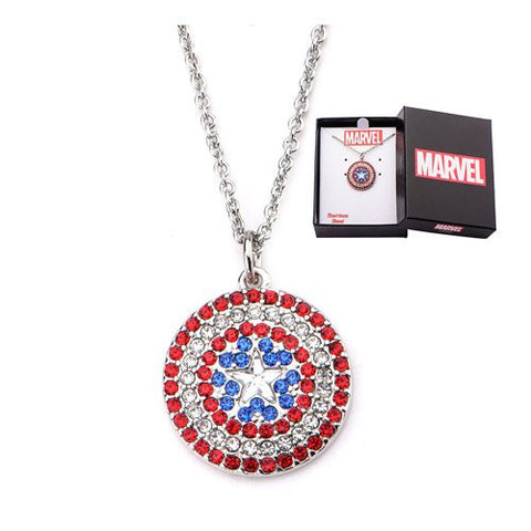 Women's Stainless Steel Captain America Shield Multi-Gem Bling with Precision Set Red, Blue and Clear Zirconias Pendant Necklace, 7/8 in x 1/16 in, 18 in plus 3 in inextender