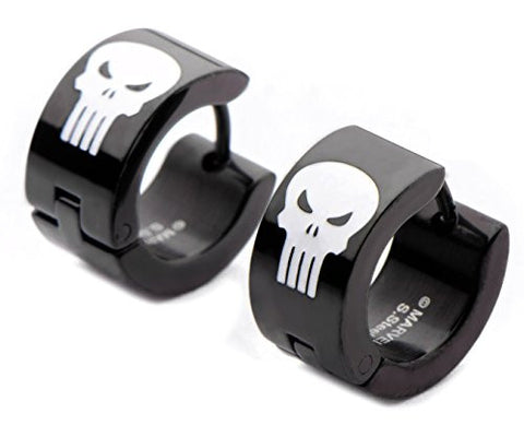 Women's Stainless Steel Black IP Punisher with White Accents Huggie Earrings, 5/16 in x 1/16 in