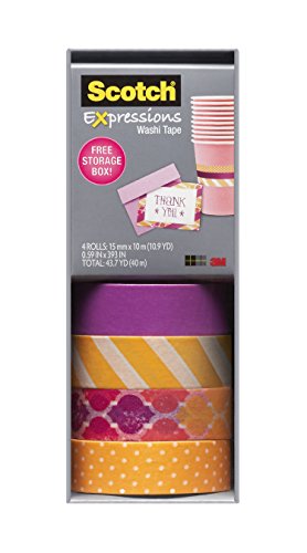 Scotch Expressions Washi Tape, Multi-Pack with Storage Box Stripes, Dots and Sunset, 4 Rolls