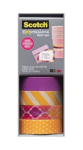 Scotch Expressions Washi Tape, Multi-Pack with Storage Box Stripes, Dots and Sunset, 4 Rolls