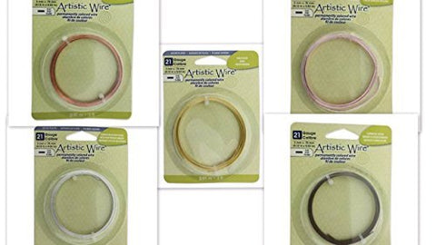 Artistic Wire 21 Gauge Flat 3 mm x .75 mm (0.12 in x 0.03 in) of Silver Plated color 3ft (.91 m), Antique Brass 3ft (.91 m), Copper 3ft (.91 m), Rose Gold 3ft (.91 m) and Tarnish Resistant Silver Plated  3ft (.91 m).