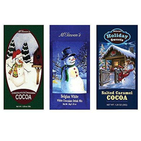 Holiday Sweetes Salted Caramel Cocoa, 1.25 Oz and Christmas Packets Snowman Chocolate & Cinnamon Cocoa, 1.25 Oz and Christmas Packets White Christmas Belgian White Hot Chocolate, 1.25 Oz