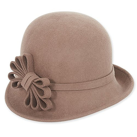 Adora Lalfar Wool Felt Cloche Hat with Bow Trim, 1.5" Brim - Pecan