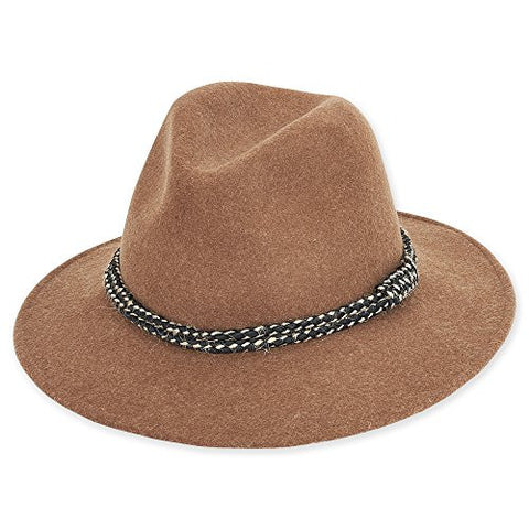 Adora Corda Wool Felt Safari Hat with Rope Trim, 3" Brim - Camel