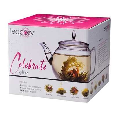 Celebrate Posy Set (8 Assorted Blooming Tea, 2 Loose Leaf Tea Sachets, 1 24oz Simply Glass Teapot)