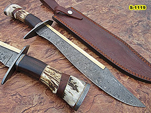 Custom Handmade Damascus Steel 17.00 Inches Hunting Knife – Best Quality Rose Wood and Stag Horn Handle with Damascus Steel Guard
