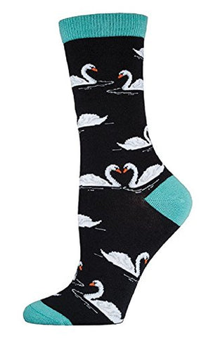 Womens Bamboo Crew Socks "Swans" - Black