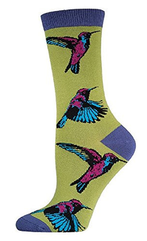 Womens Bamboo Crew Socks "Hummingbirds" - Citron