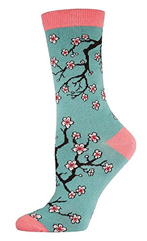 Women's Novelty Bamboo Crew Cherry Blossoms Socks, Light Jade Green 9-11