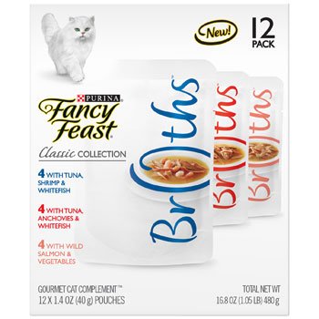 4-Fancy Feast Broths Tuna Shrimp Whitefish 1.4 oz and 4-Fancy Feast Broths Tuna Anchovy Whitefish 1.4 oz and 4-Fancy Feast Broths Salmon Vegetable 1.4 oz