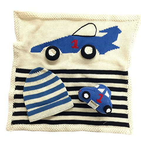 Racecar Security Blanket, Rattle &Hat, Blue