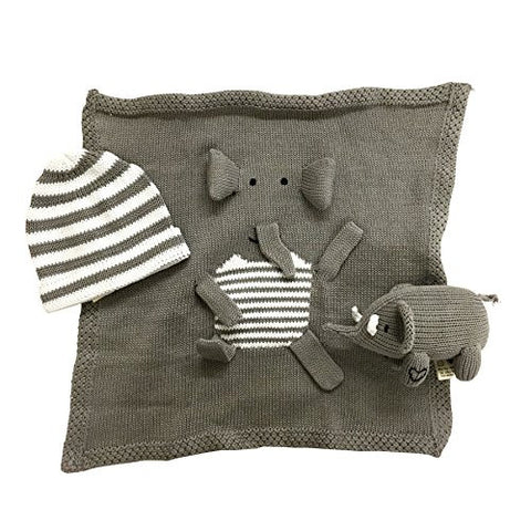 Elephant Security Blanket, Rattle & Hat, Grey