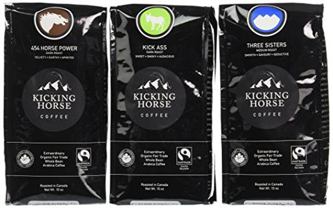 Kicking Horse Whole Bean Coffee Kick Ass At least 95% Organic, 10 OZ. And  Kicking Horse Whole Bean Coffee 454 Horse Power At least 95% Organic, Dark Roast, 10 OZ. And Kicking Horse Whole Bean Coffee Three Sisters Medium Roast At least 95% Organic, 10 OZ.