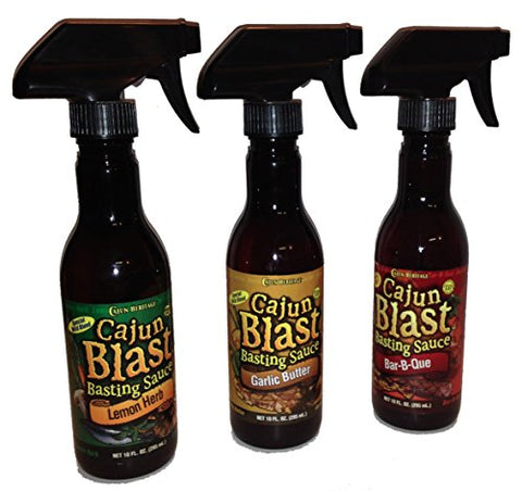 Cajun Blast Basting Sauce Lemon Herb 10 oz,
Cajun Blast Basting Sauce BBQ Hot & Spicy 10 oz and
Cajun Blast Basting Sauce Garlic Butter 10 oz
