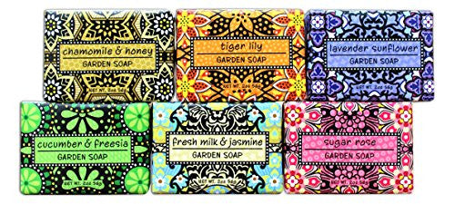 2 oz. MIni Wrapped Soap Block, Chamomile & Honey,
2 oz. MIni Wrapped Soap Block, Tiger Lily,
2 oz. MIni Wrapped Soap Block, Lavender Sunflower,
2 oz. MIni Wrapped Soap Block, Cucumber & Freesia,
2 oz. MIni Wrapped Soap Block, Fresh Milk & Jasmine, and
2 o
