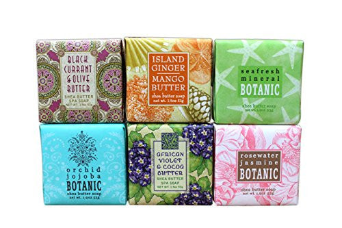 1.9oz Mini Soap Square, Island Ginger Mango Butter,
1.9oz Mini Soap Square, Orchid Jojoba,
1.9oz Mini Soap Square, African Violet & Cocoa Butter,
1.9oz Mini Soap Square, Fresh Holly,
1.9oz Mini Soap Square, Rosewater & Jasmine and 
1.9oz Mini Soap Square,