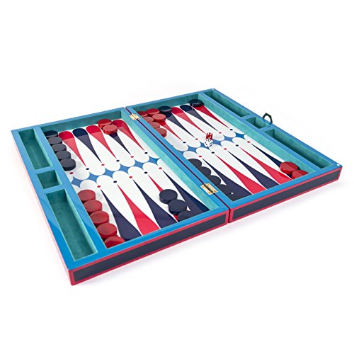 Lacquer Backgammon Set - Red, White, and Blue; Open: 18.5"W x 22.5"L x 2.25"H