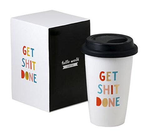 Get Shit Done Thermal Ceramic Coffee Mug With Lid and Gift Box, 11 ounces