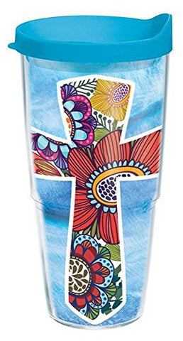 B2B Exclusives Wrap, Colorful Floral Cross 24 oz - With Travel Lid