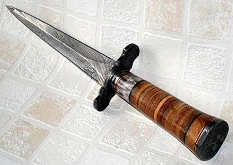 Handmade Damascus Steel 12 Inches Dagger Knife – Exotic Wood and Leather sheet Handle with Damascus Steel Guard