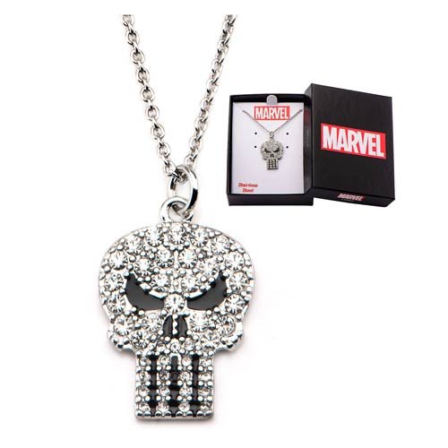 Women's Stainless Steel Punisher Clear Gem Skull with Precision Set Cubic Zirconia Gems Pendant Necklace, 18 in plus 3 in extender