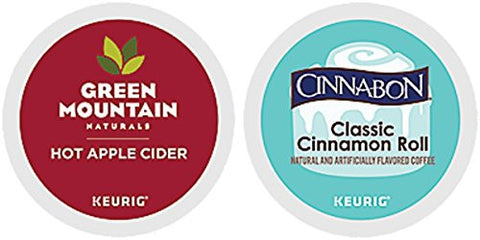 Green Mountain Naturals, Apple Cider, k-cup and Cinnabon Classic Cinnamon Roll, flavored roast, k-cup