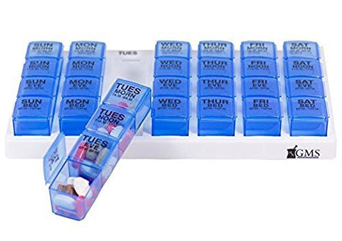 GMS 4x/Day Weekly Pill Organizer with Transparent Blue Removable Daily Pill Boxes in White Tray