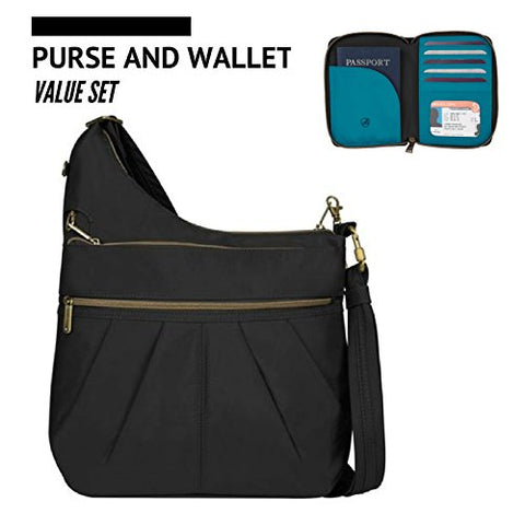 Anti-Theft Signature 3 Compartment Crossbody and RFID Blocking Signature Pleated Passport Wallet - Black