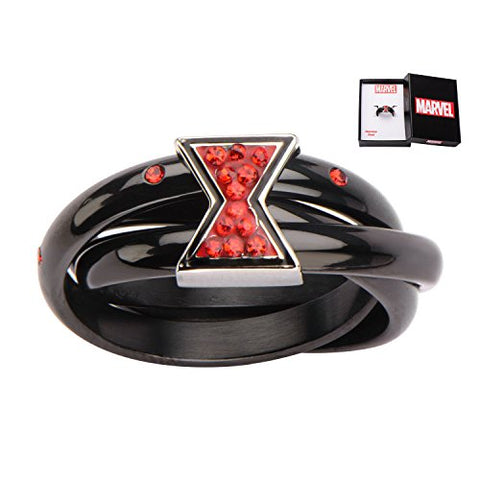 Women's Stainless Steel Black PVD Plated Triple Ring with Black Widow Logo and Red Gems, size 6