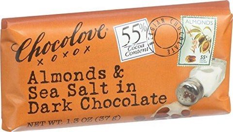 CHOCOLOVE, XOXO ALMONDS/SEA SALT MINI DARK CHOCOLATE BAR 1.3OZ