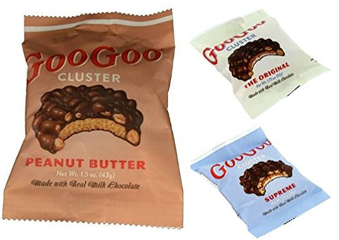Goo Goo Cluster Original, 1.75 Oz and
Goo Goo Cluster Peanut Butter, 1.5 Oz and
Goo Goo Cluster Supreme, 1.5 Oz