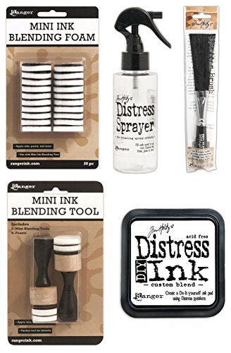 Ranger Mini Ink Blending Tool 1" Round (Includes 2 Tools/4 Foams), Ranger Mini Ink Blending Replacement Foams 1" Round (Includes 20 Foams), Tim Holtz Distress Sprayer, Tim Holtz Distress Splatter Brush and Tim Holtz Distress It Yourself Ink Pad